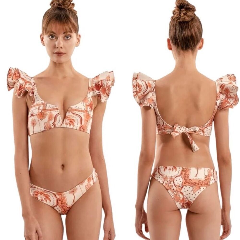 Encantadore Lysha Getsemani Ruffle Bikini Top Cream,‎ Brown Size L